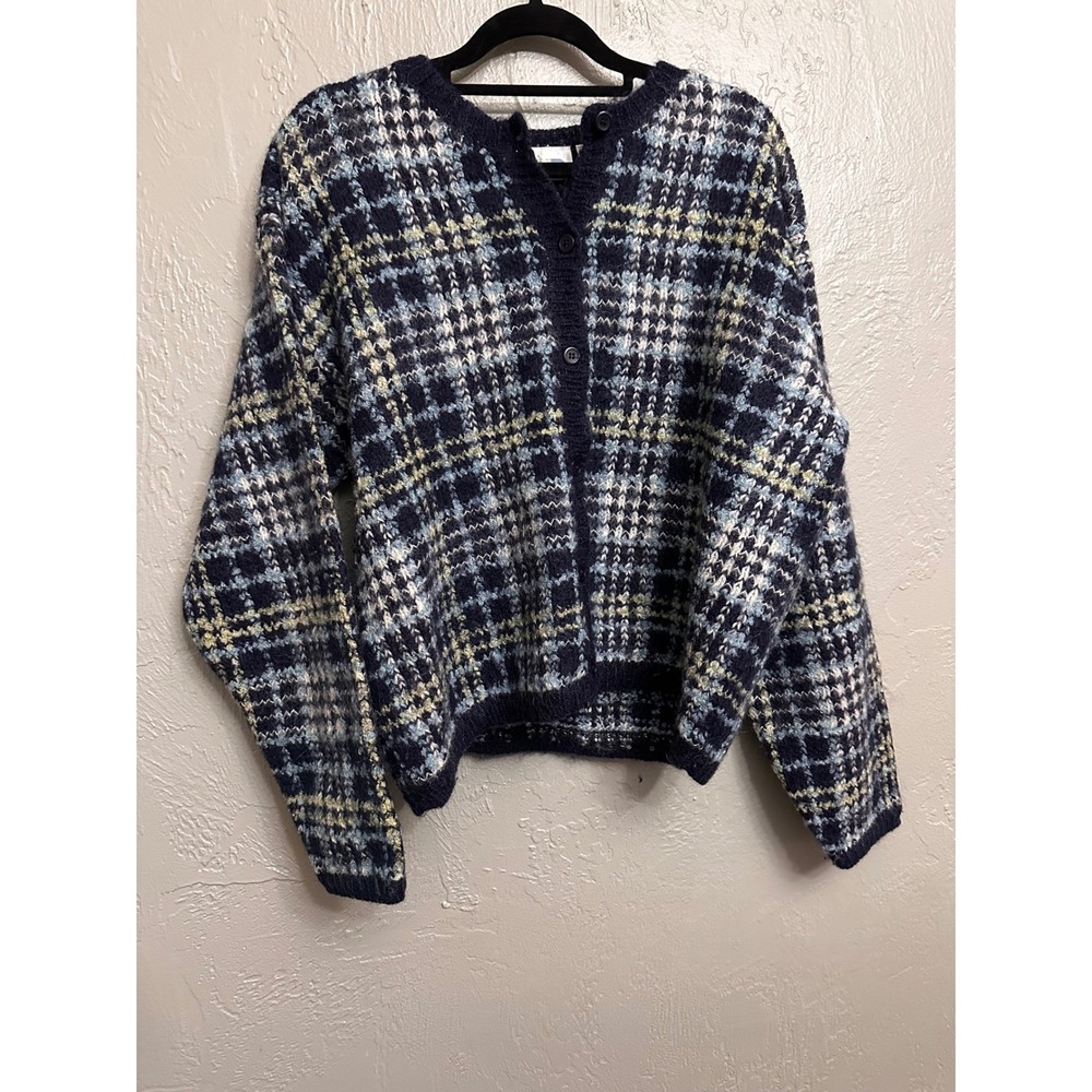 Paul Harris Womens Vintage Tartan Mohair Chunky Knit Cardigan Sweater Large